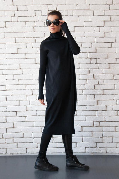 Long loose black dress with high neck | META series,dress | Women fashio shop|  Flamingolandia.online