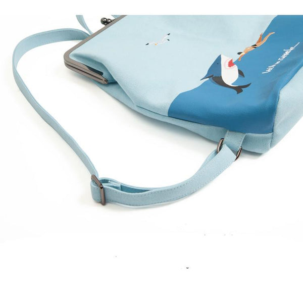 Canvas backpack with metal frame clasp - Hello shark | Flamingolandia
