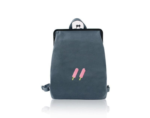 Grey Canvas backpack with metal frame clasp  - 2 Icecream | Flamingolandia
