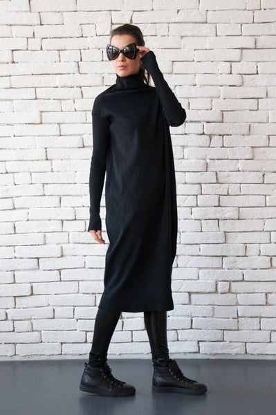 Long loose black dress with high neck | META series,dress | Women fashio shop|  Flamingolandia.online