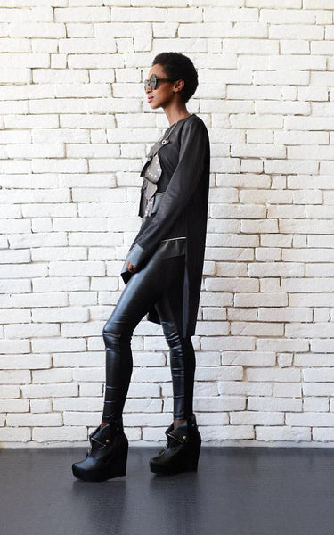 Asymmetric black leather stripes tunic top | META series | Flamingolandia