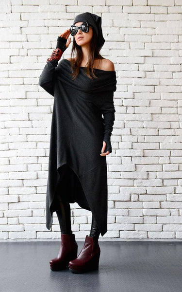 Dark grey long loose tunic open shoulders | META series,tunic | Women fashio shop|  Flamingolandia.online