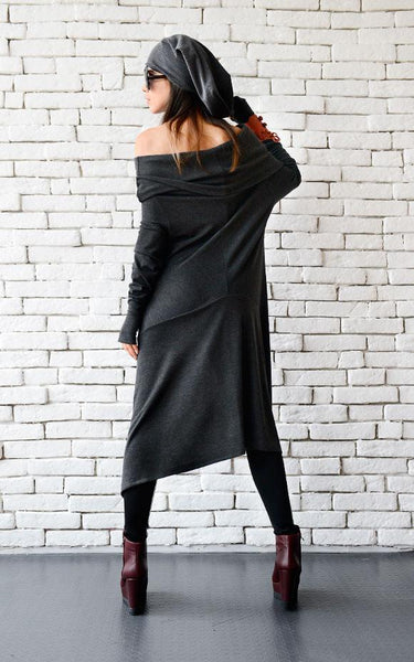 Dark grey long loose tunic open shoulders | META series,tunic | Women fashio shop|  Flamingolandia.online