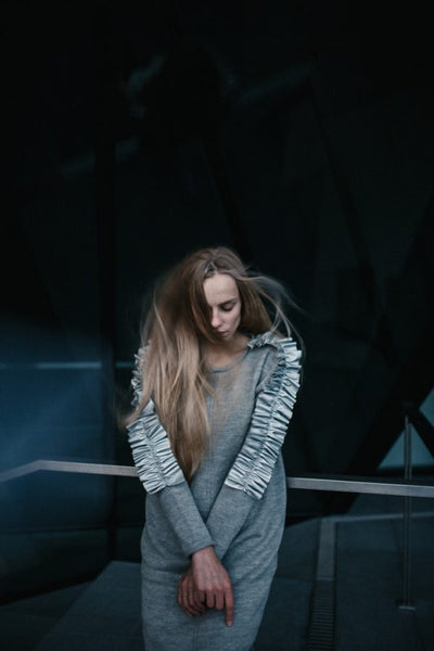 Merino Wool Dress grey with eco leather wings | V&Eacute;JA | Flamingolandia