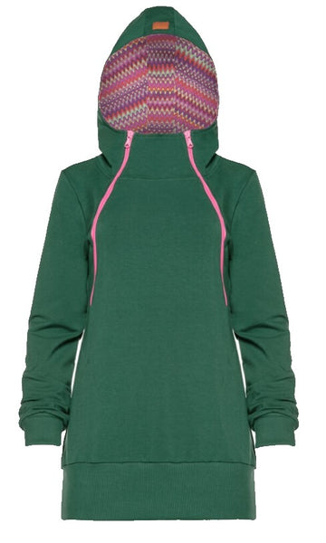 Breastfeeding green hoodie with pink zippers | Flamingolandia