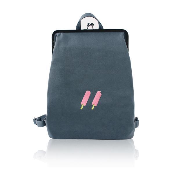 Grey Canvas backpack with metal frame clasp  - 2 Icecream | Flamingolandia