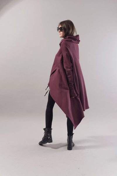 Asymetric long hooded burgundy sweater | Danellys u10e6 | Flamingolandia