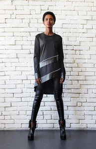 Asymmetric black leather stripes tunic top | META series | Flamingolandia