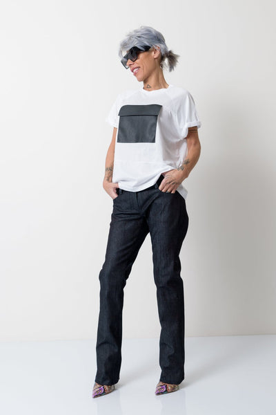White Cotton T-Shirt with Leatherette Front Pocket and Short Sleeves