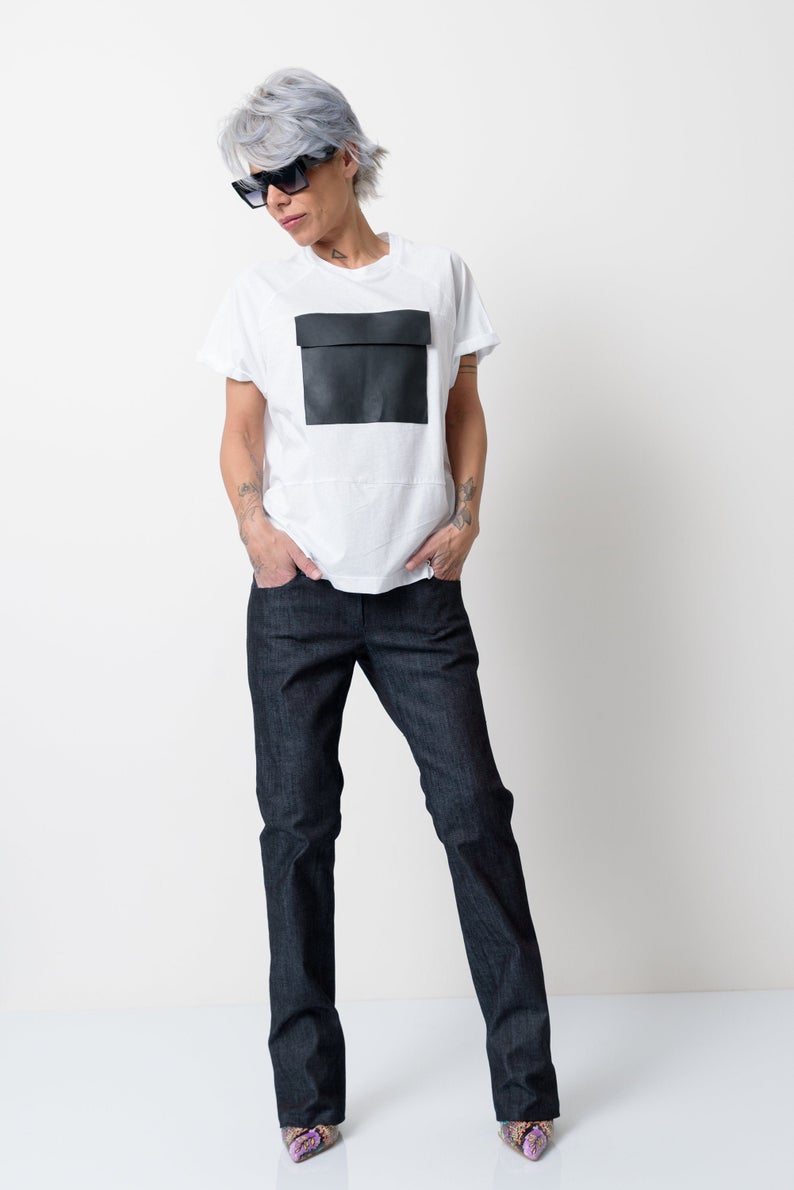 White Cotton T-Shirt with Leatherette Front Pocket and Short Sleeves