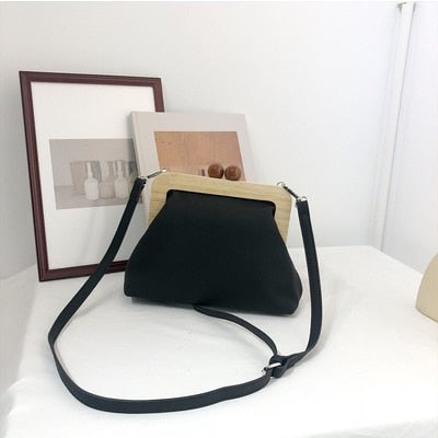 Vintage Wooden Clip  Shoulder Bag from PU leather | Flamingolandia