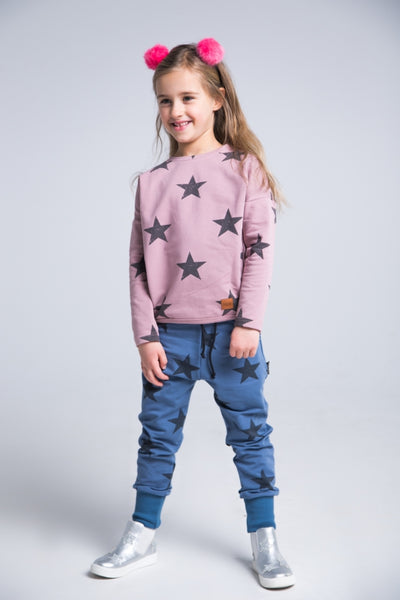 Kids navy cotton pants with pockets - STARS! | Flamingolandia