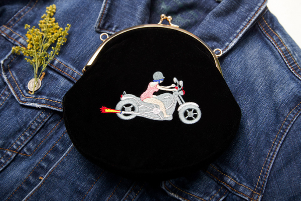 Vintage velvet round shape Original designed bag - Lady on bike,Bag | Women fashio shop|  Flamingolandia.online