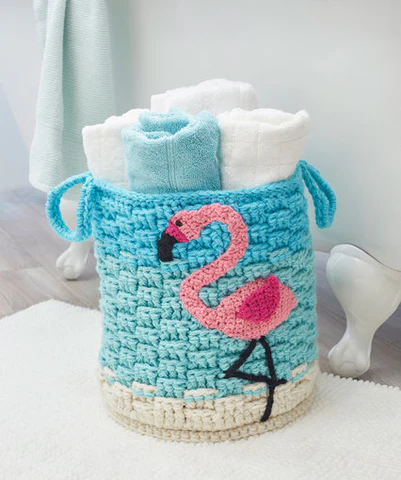 Free DIY pattern Fanciful flamingo basket by Michele Wilcox RED HEART