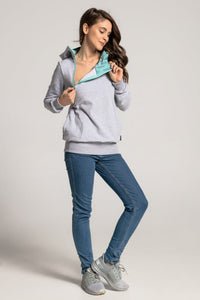 Breastfeeding grey cozy hoodie - MINT leaves!